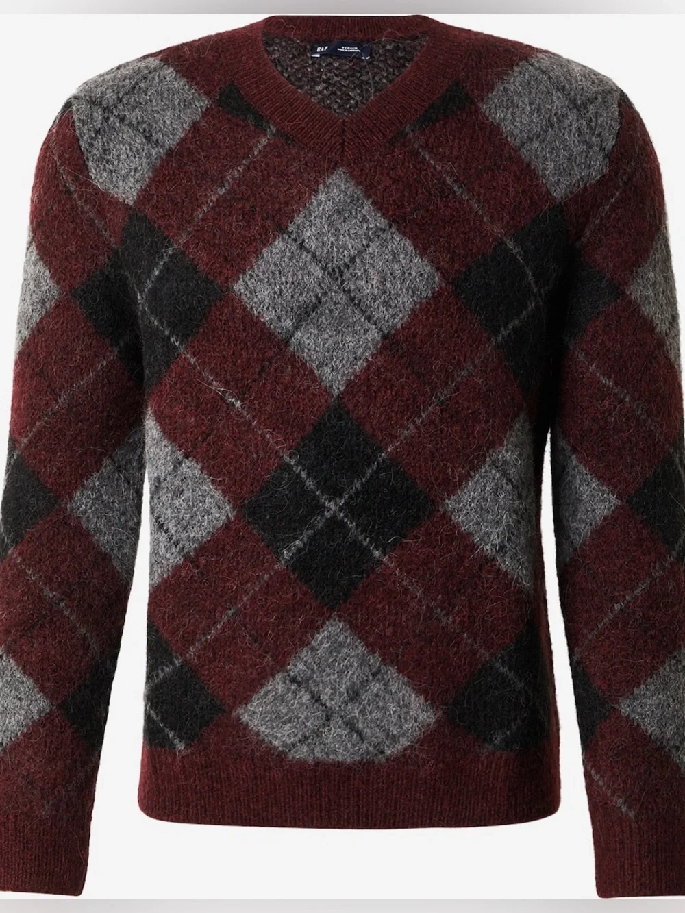 GAP Fuzzy Alpaca Blend Brushed Argyle Sweater Burgundy Gray V-Neck Long Sleeve
